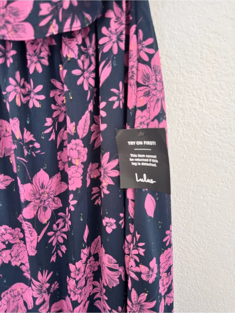 Lulu's Off the Shoulder Maxi Dress in Navy Blue with Pink Floral Print